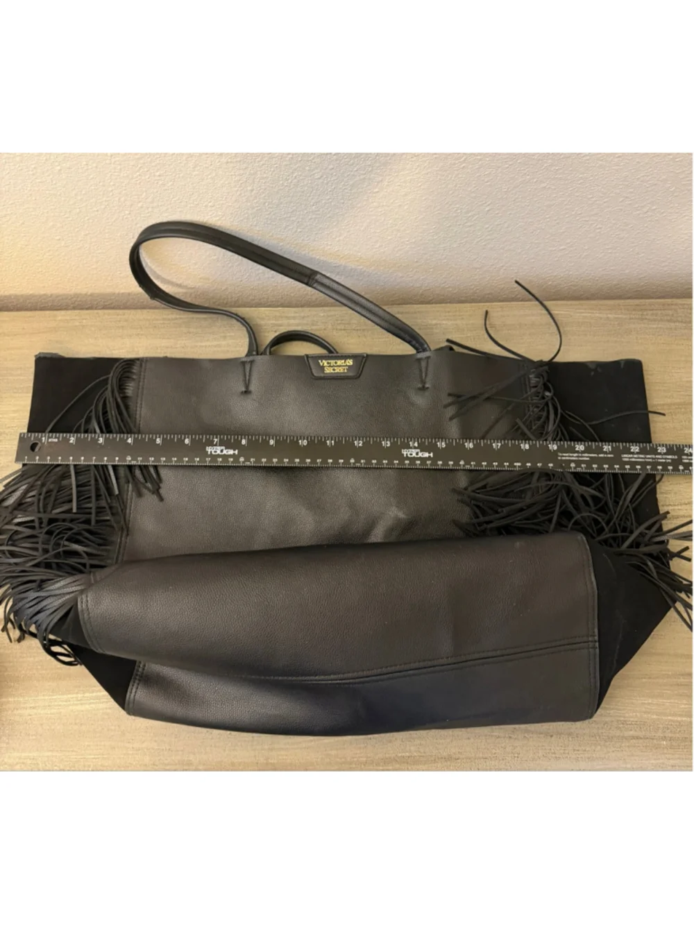 Victoria's Secret Black Faux Leather Fringe Tote Bag Large
